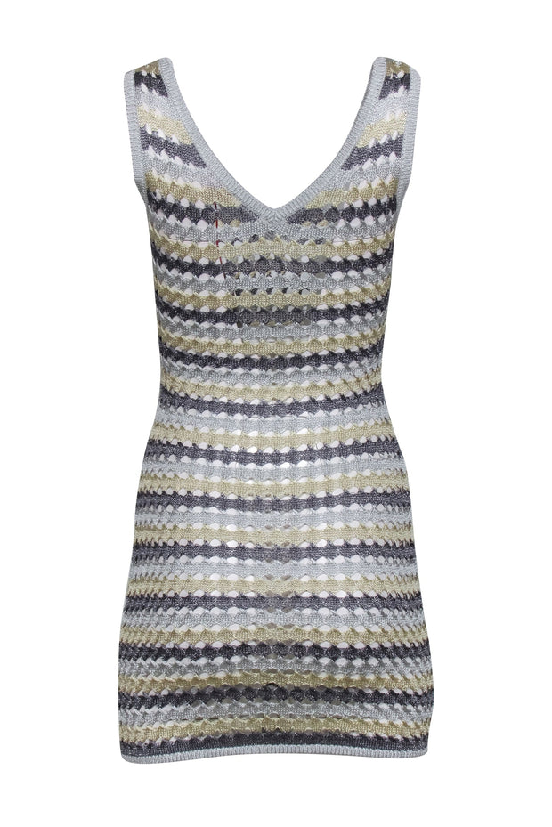 Current Boutique-Solid & Striped - Grey, Silver, & Gold Crochet Knit Sleeveless Dress Sz S