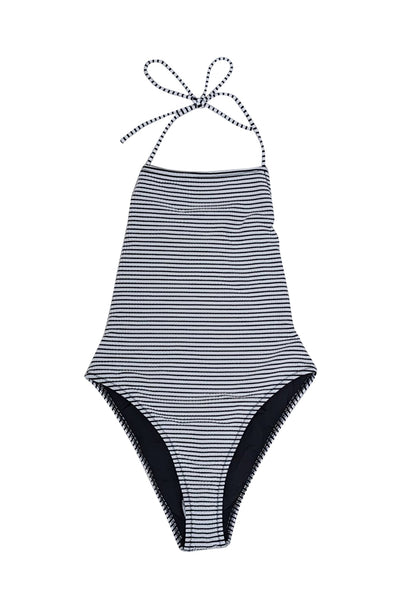 Current Boutique-Solid & Striped - White & Black Striped Seersucker One Piece Bathing Suit Sz S