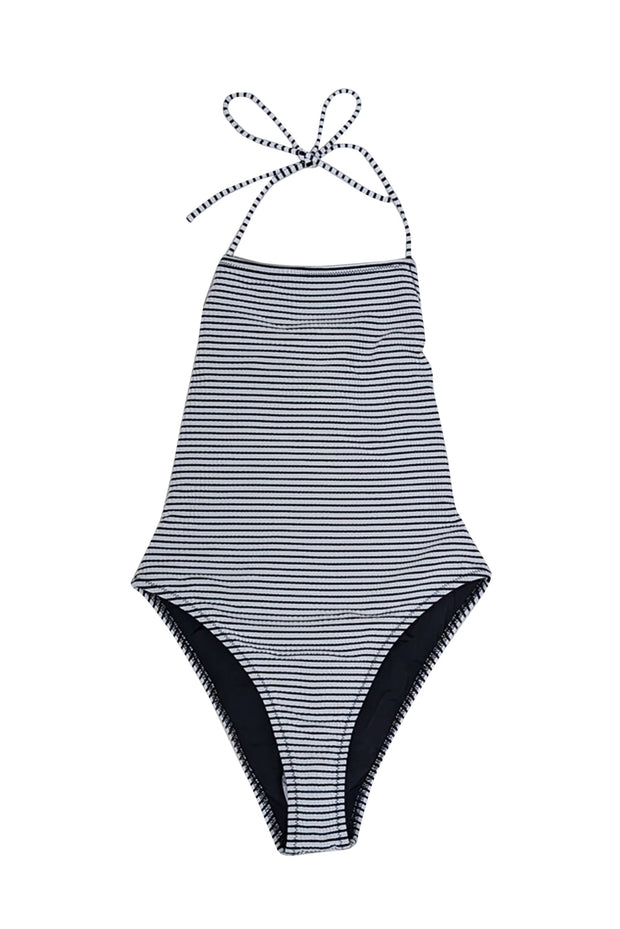 Current Boutique-Solid & Striped - White & Black Striped Seersucker One Piece Bathing Suit Sz S