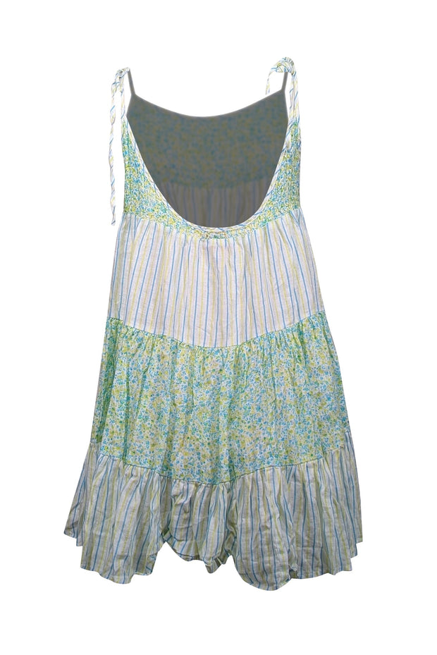 Current Boutique-Solid & Striped - White, Yellow, & Blue Striped Floral Print Linen Mini Dress Sz XS