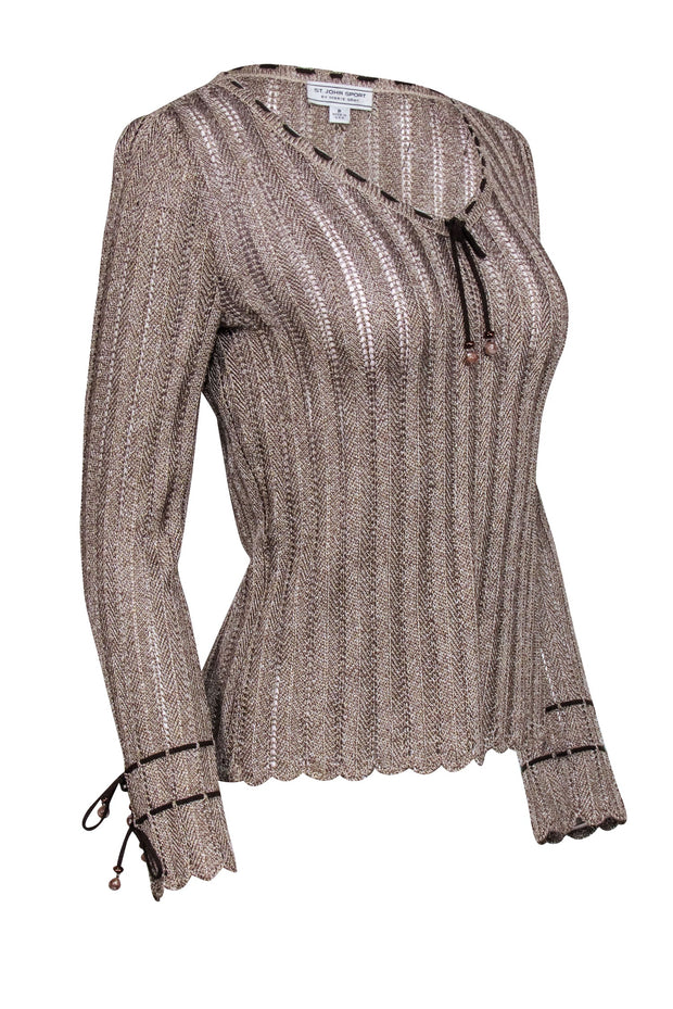 Current Boutique-St. John - Beige Metallic Sweater w/ Beaded Lace-Up Details Sz P