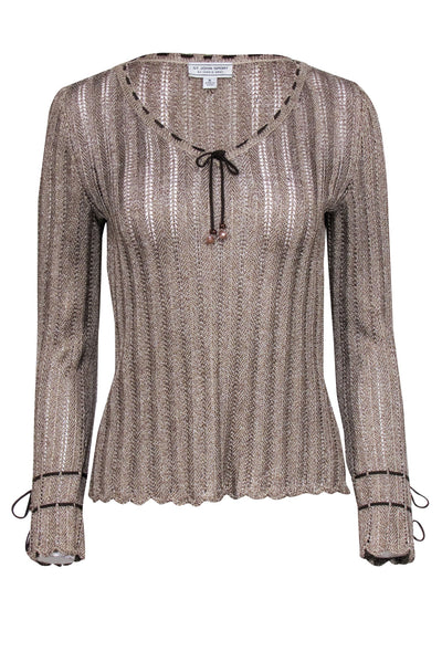Current Boutique-St. John - Beige Metallic Sweater w/ Beaded Lace-Up Details Sz P