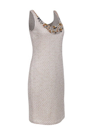 Current Boutique-St. John - Beige, Salmon, & Gold Tweed Dress w/ Jeweled Neckline Sz 8