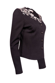 Current Boutique-St. John - Black Knit Jacket w/ Rhinestones & Floral Embroidery Sz 4