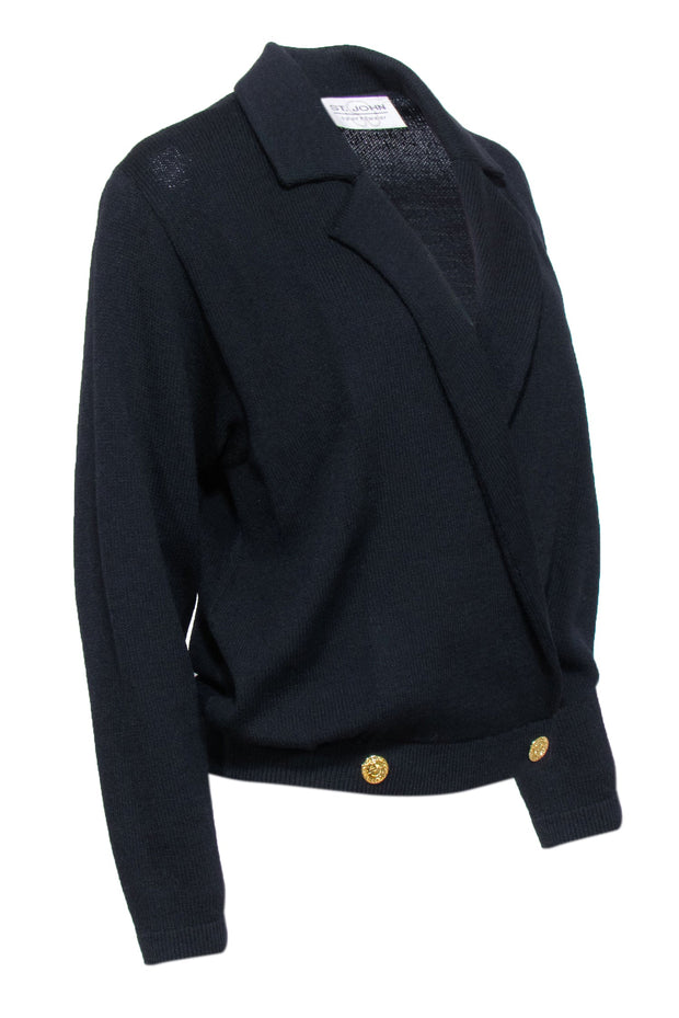 Current Boutique-St. John - Black Knit Wrap Sweater w/ Gold Button Details Sz S