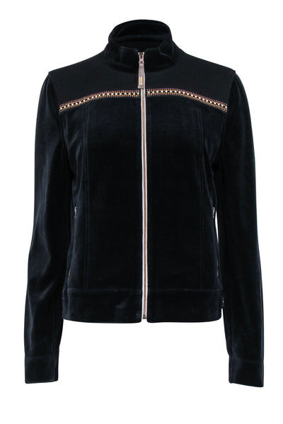 Current Boutique-St. John - Black Velour Zipper Front Jacket w/ Gold Trim Sz S
