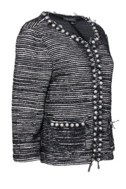 Current Boutique-St. John - Black & White Textured Striped Zip-Up Jacket w/ Tulle & Pearl Trim Sz 12