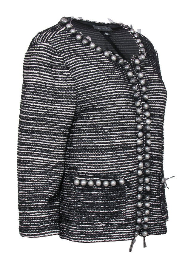 Current Boutique-St. John - Black & White Textured Striped Zip-Up Jacket w/ Tulle & Pearl Trim Sz 12