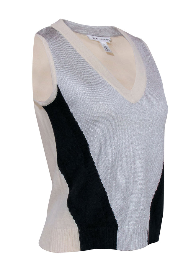 Current Boutique-St. John - Black and Silver Shimmer Sweater Vest Sz P