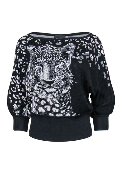 Current Boutique-St. John - Black w/ White Leopard Face & Print Knit Top Sz S