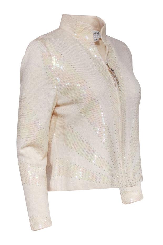 Current Boutique-St. John - Cream Iridescent Sequin Knit Jacket w/ Rhinestone Zipper Sz 6