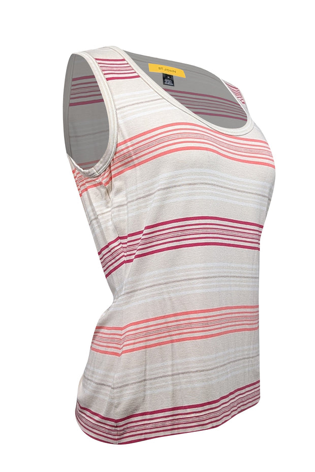 Current Boutique-St. John - Cream, Pink, & White Striped Tank Top Sz M