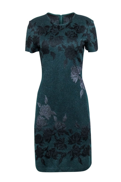 Current Boutique-St. John - Green & Black Floral Print Sparkle Knit Dress Sz 6