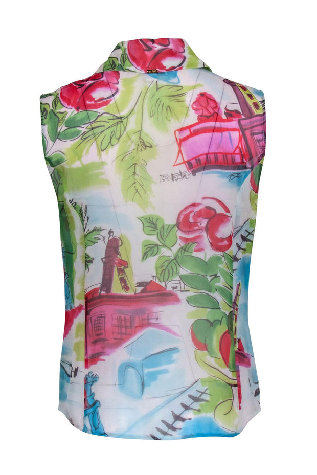 Current Boutique-St. John - Green Coastal Print Silk Sleeveless Blouse Sz M