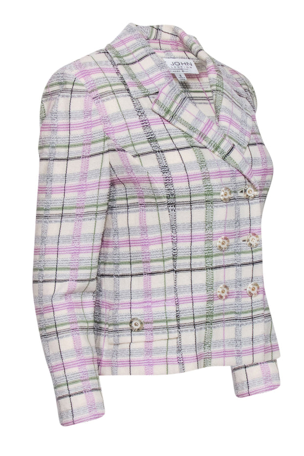 Current Boutique-St. John - Ivory, Green, & Lavender Plaid Double Breasted Button Blazer Sz 6