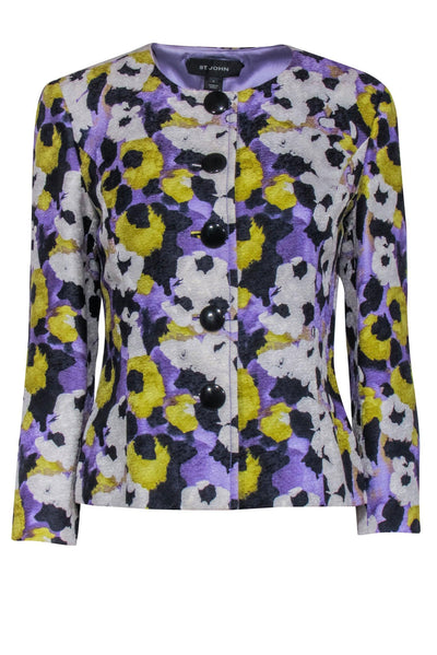 Current Boutique-St. John - Lavender, Black, White, & Green Splotch Floral Print Jacket Sz 4