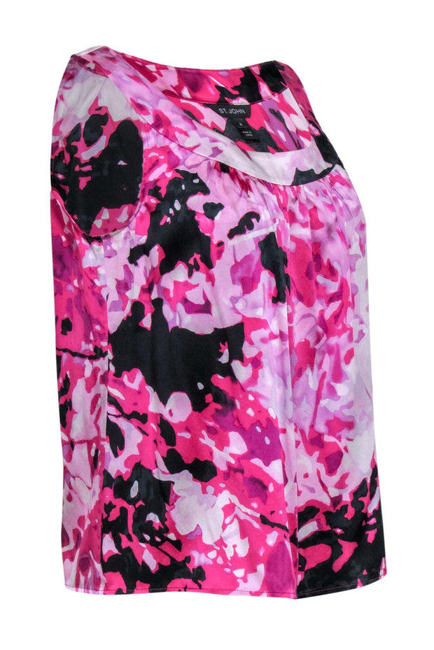 Current Boutique-St. John - Pink & Black Floral Print Silk Blend Sleeveless Top Sz M