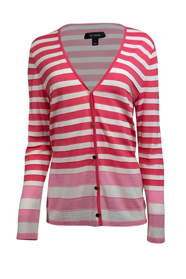 Current Boutique-St. John - Pink & White Stripe Button Front Cardigan Sz M