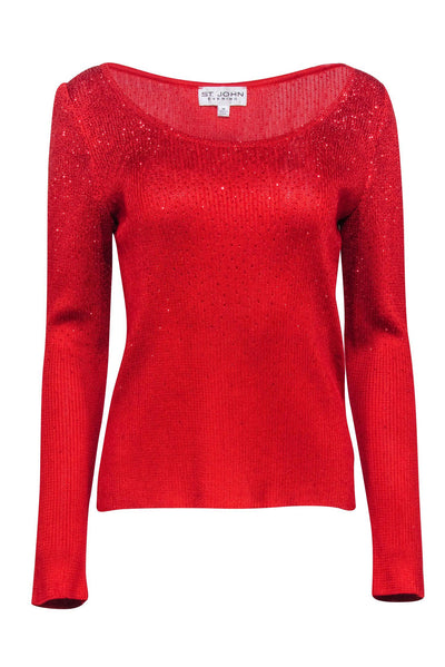 Current Boutique-St. John - Red Knit Rhinestone Scoop Neck Sweater Sz M