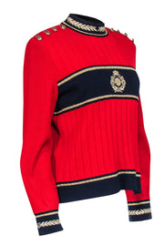 Current Boutique-St. John - Red Knit Sweater w/ Gold & Navy Detail Sz M