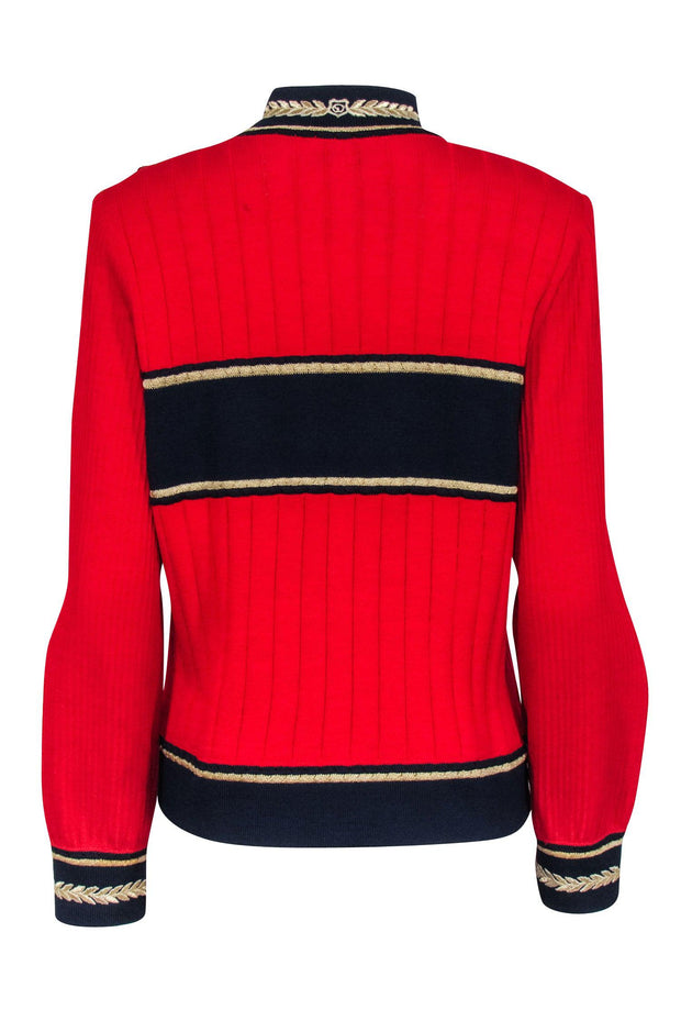 Current Boutique-St. John - Red Knit Sweater w/ Gold & Navy Detail Sz M
