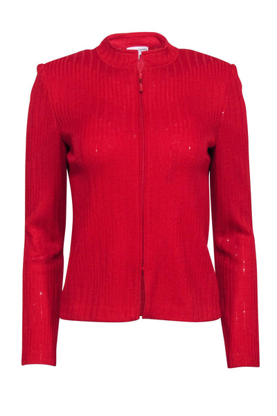 Current Boutique-St. John - Red Sequin Detail Knit Zip Up Jacket Sz 2
