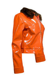 Current Boutique-Staud - Orange Faux Patent Leather Jacket w/ Faux Fur Collar Sz M