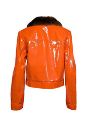 Current Boutique-Staud - Orange Faux Patent Leather Jacket w/ Faux Fur Collar Sz M