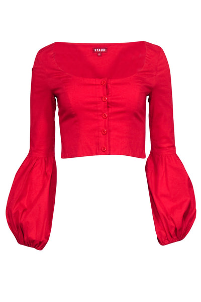 Current Boutique-Staud - Red Poplin Long Sleeve "Monica" Cropped Top Sz XS