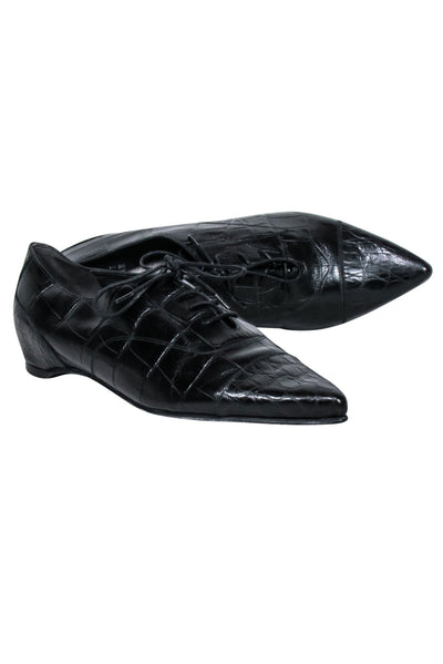 Current Boutique-Stuart Weitzman - Black Croc Embossed Leather Flat Shoes Sz 8