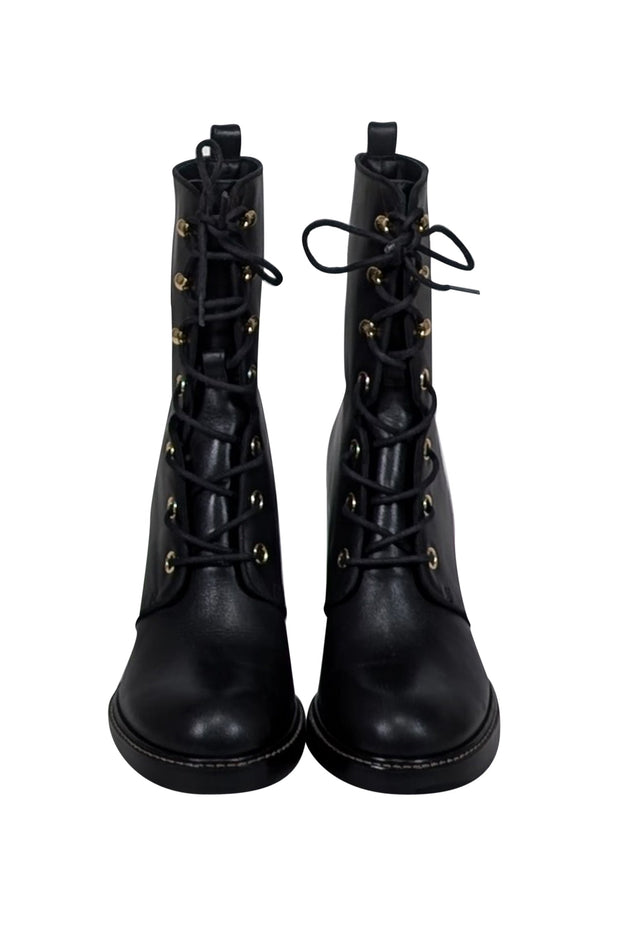 Current Boutique-Stuart Weitzman - Black Leather Cassey Lace-Up Boot Sz 7