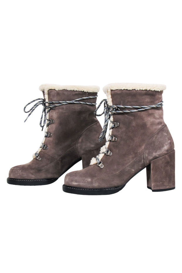 Current Boutique-Stuart Weitzman - Grey Suede Lace Up Short Boots w/ Shearling Lining Sz 9