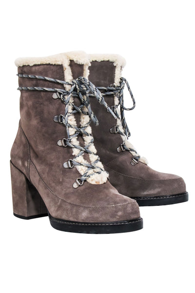 Current Boutique-Stuart Weitzman - Grey Suede Lace Up Short Boots w/ Shearling Lining Sz 9