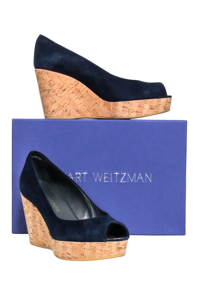 Current Boutique-Stuart Weitzman - Navy Peep Toe Cork Wedges Sz 8