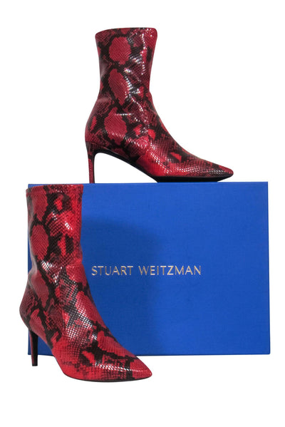 Current Boutique-Stuart Weitzman - Red & Black Snakeskin Print Heeled Short Boots Sz 8