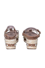 Current Boutique-Stuart Weitzman - Tan & Beige Trim "Beraffia Pearly Vachetta" Platform Sandals Sz 9