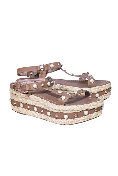 Current Boutique-Stuart Weitzman - Tan & Beige Trim "Beraffia Pearly Vachetta" Platform Sandals Sz 9