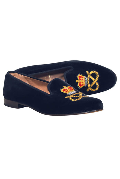Current Boutique-Stubbs & Wootton - Navy Velvet Loafers w/ Embroidered Crown Toe Sz 11
