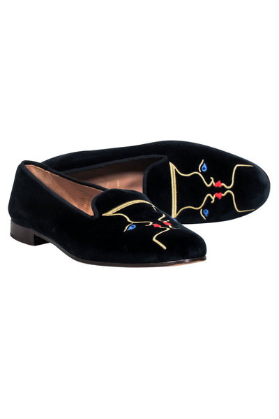 Current Boutique-Stubbs & Wootton S- Navy Velvet Loafers w/ Embroidered Face Detail Sz 11
