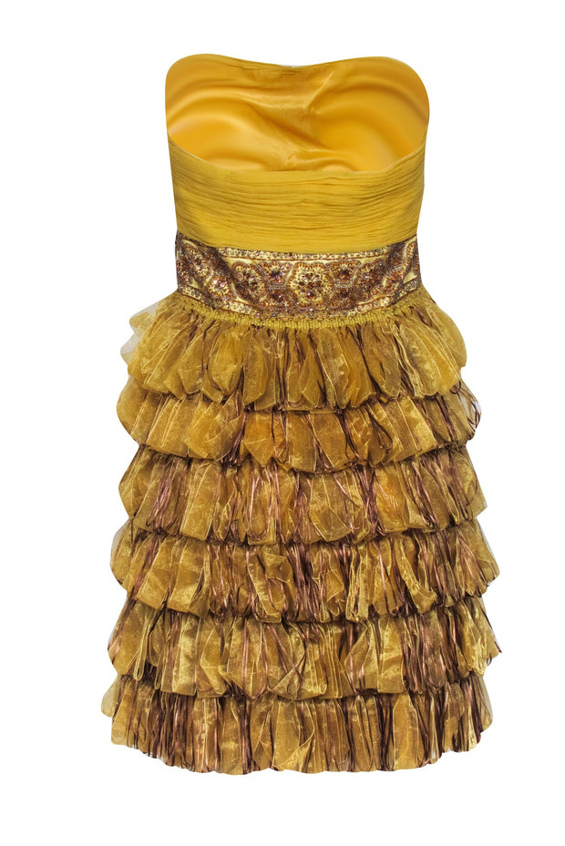 Current Boutique-Sue Wong - Gold Strapless Ribbon Trim Bottom Dress Sz 10