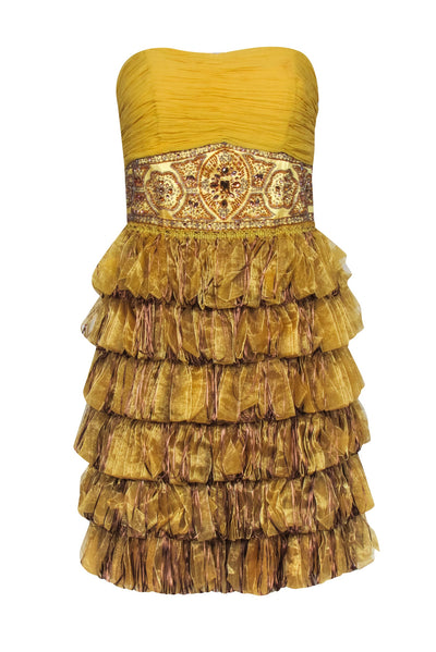 Current Boutique-Sue Wong - Gold Strapless Ribbon Trim Bottom Dress Sz 10