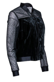 Current Boutique-T Tahari - Black Velvet Bomber Jacket W/ Metal Fringe Sz S