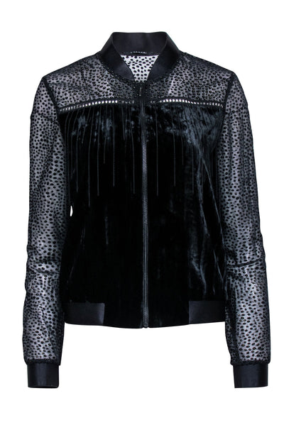 Current Boutique-T Tahari - Black Velvet Bomber Jacket W/ Metal Fringe Sz S