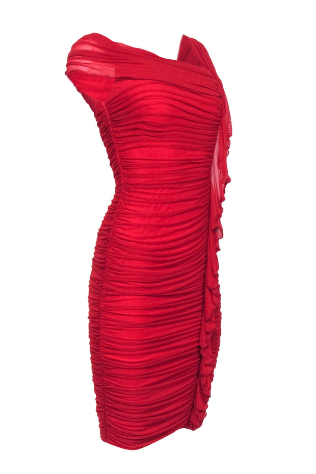 Current Boutique-Tadashi - Red Ruched Mesh Dress Sz S