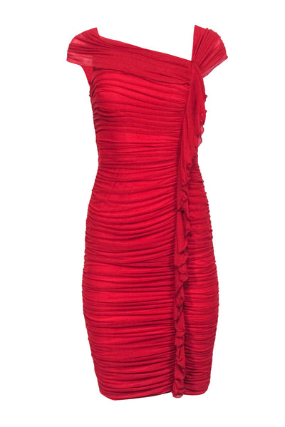 Current Boutique-Tadashi - Red Ruched Mesh Dress Sz S