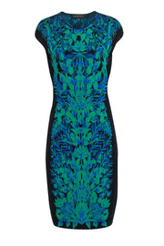 Current Boutique-Tadashi Shoji - Black w/ Green & Blue Print Knit Dress Sz L