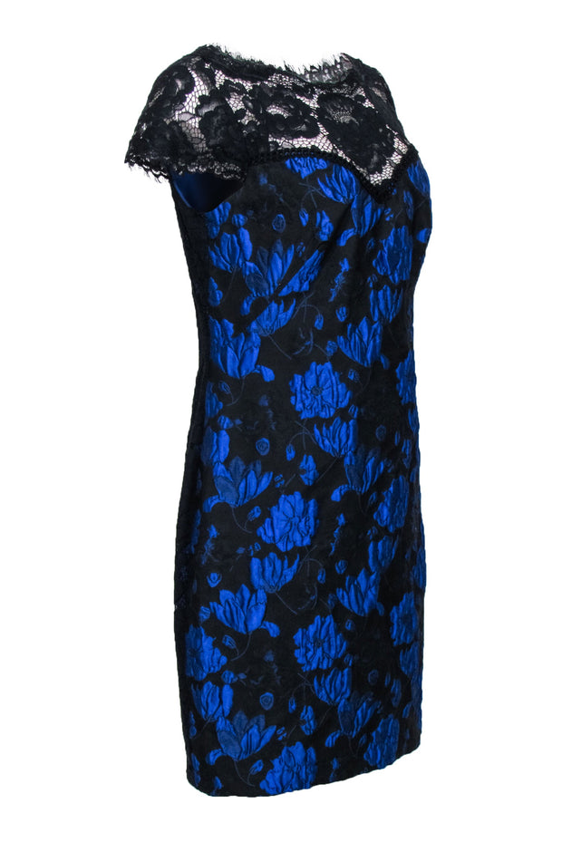 Current Boutique-Tadashi Shoji - Blue & Black Floral Brocade Lace Detail Dress Sz 12