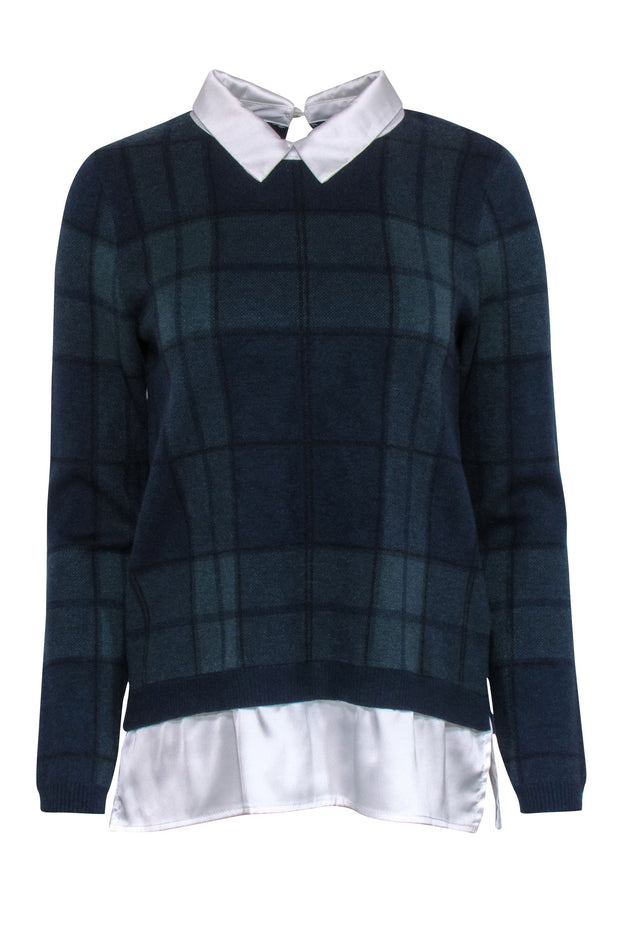 Current Boutique-Tahari - Navy & Green Tartan Plaid Knit Sweater w/ Satin Collar Sz M