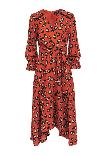 Current Boutique-Tahari - Orange Leopard Print Ruffled Midi Dress Sz 8