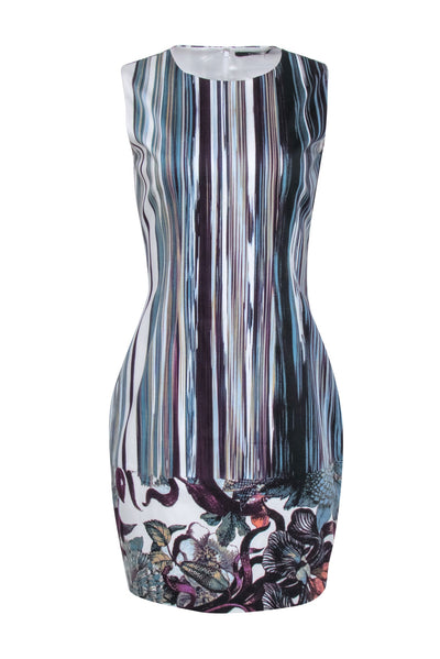 Current Boutique-Tahari - White, Blue, & Purple Stripe Printed Sleeveless Sheath Dress Sz 8